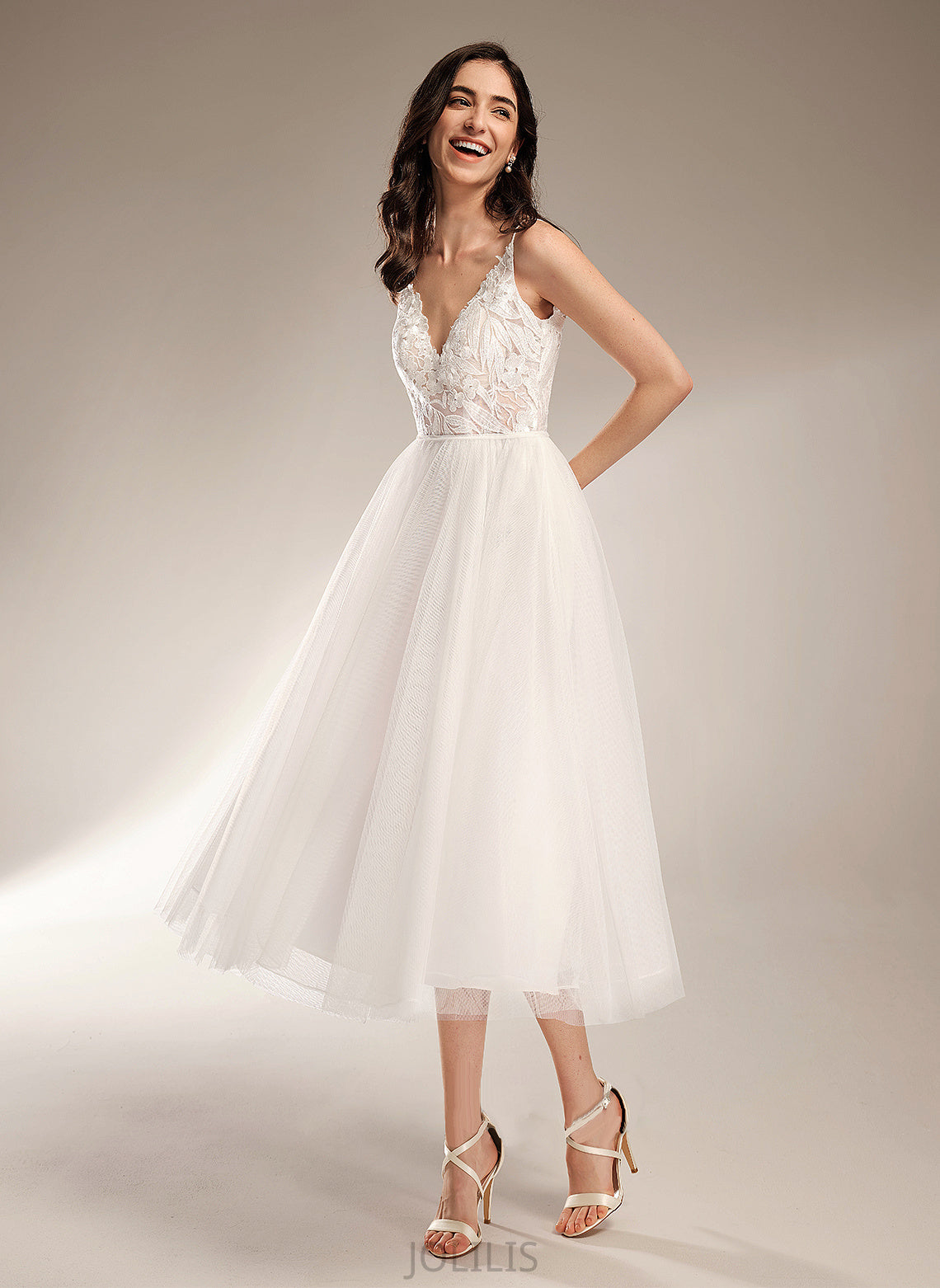 A-Line Madge Wedding Dresses Dress V-neck Tea-Length Wedding