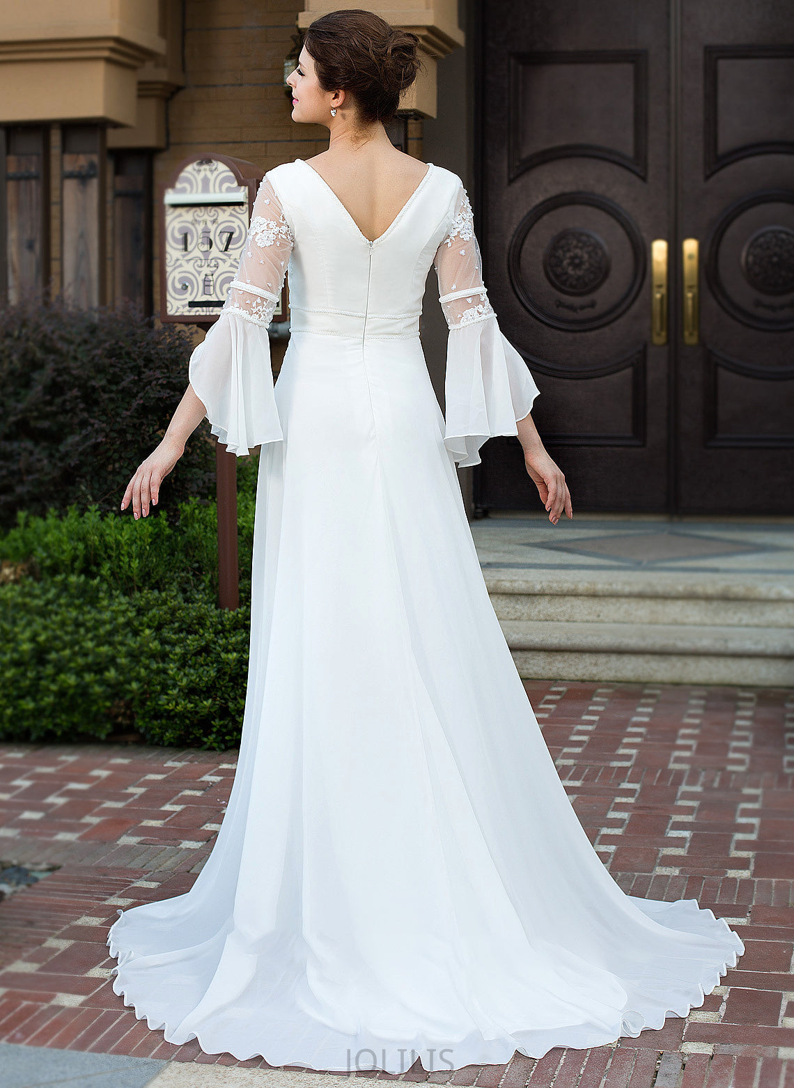 Beading Kailee Court Chiffon Wedding Wedding Dresses A-Line Lace V-neck With Dress Train