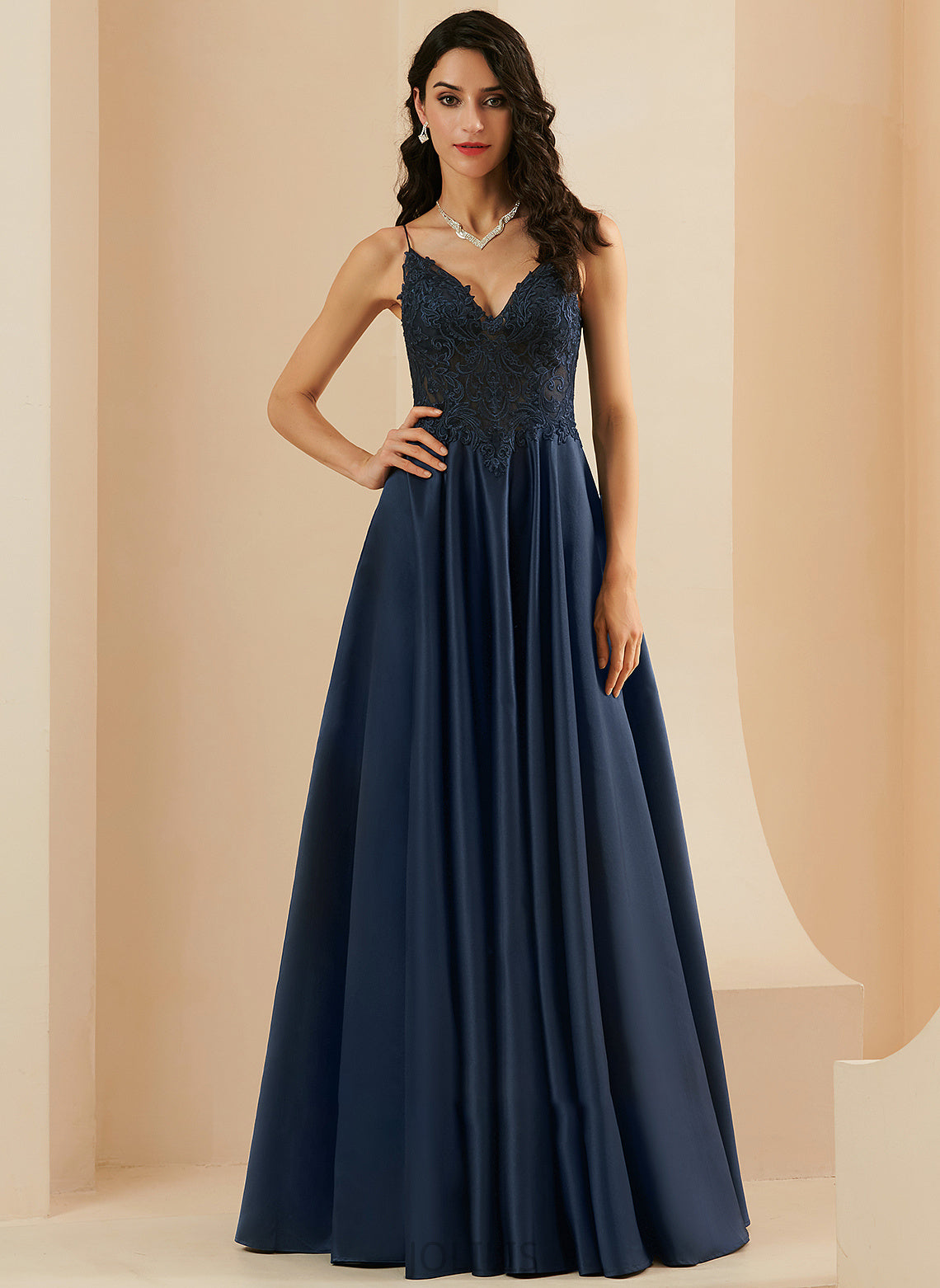 A-Line Prom Dresses Isis Satin With V-neck Floor-Length Lace