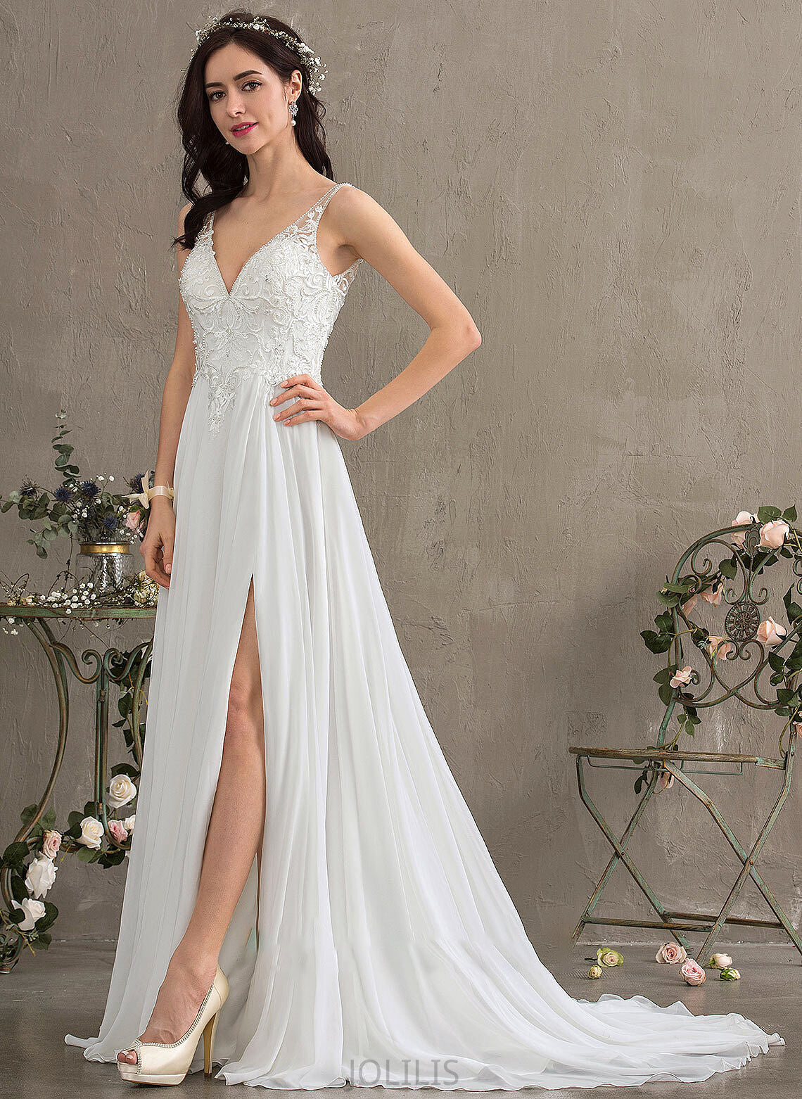 Beading Wedding V-neck A-Line Split Dress Sweep Train Kaliyah Sequins Wedding Dresses With Chiffon Front