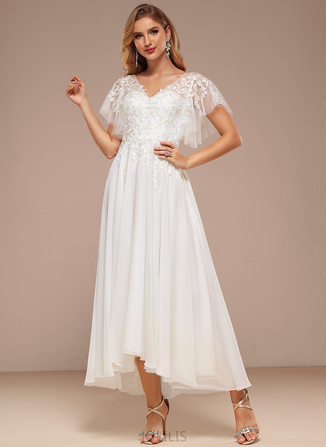 Lace With Tulle Wedding Dresses A-Line Dulce Dress Wedding Asymmetrical Ruffle V-neck