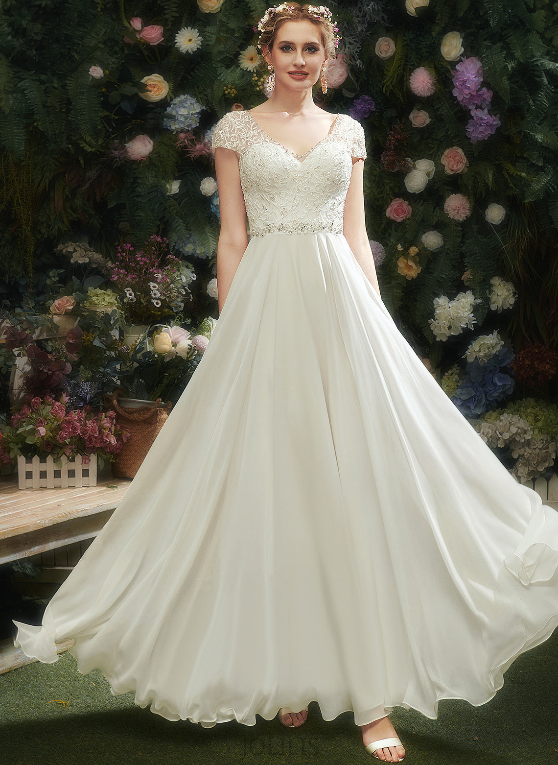 Dress Floor-Length Lace Beading Joanna Chiffon Wedding Wedding Dresses With V-neck Sequins A-Line