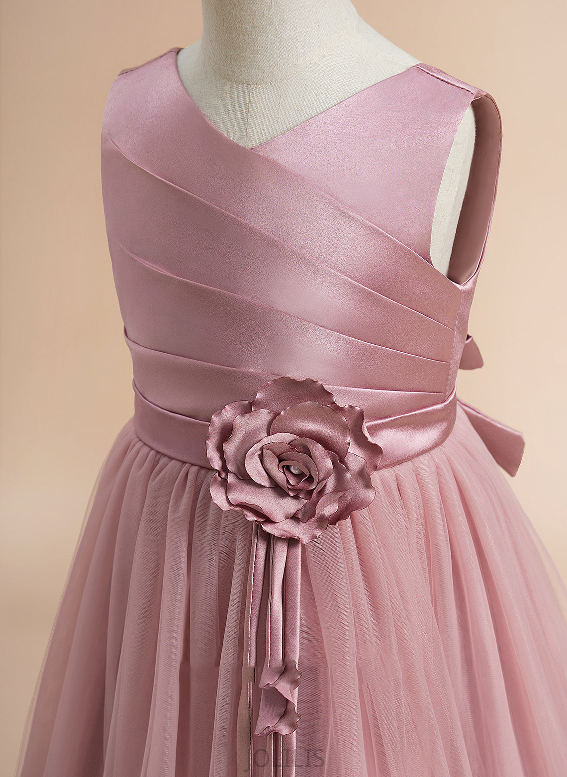 Taylor Flower Girl Dresses Satin/Tulle - Dress V-neck Knee-length With Flower A-Line Lace/Flower(s)/Bow(s)/Pleated/V Girl Sleeveless Back