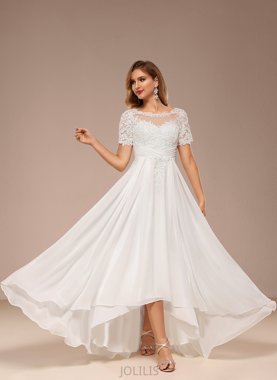 Wedding Dresses Lilly Wedding A-Line Neck Chiffon Dress Asymmetrical Lace Boat