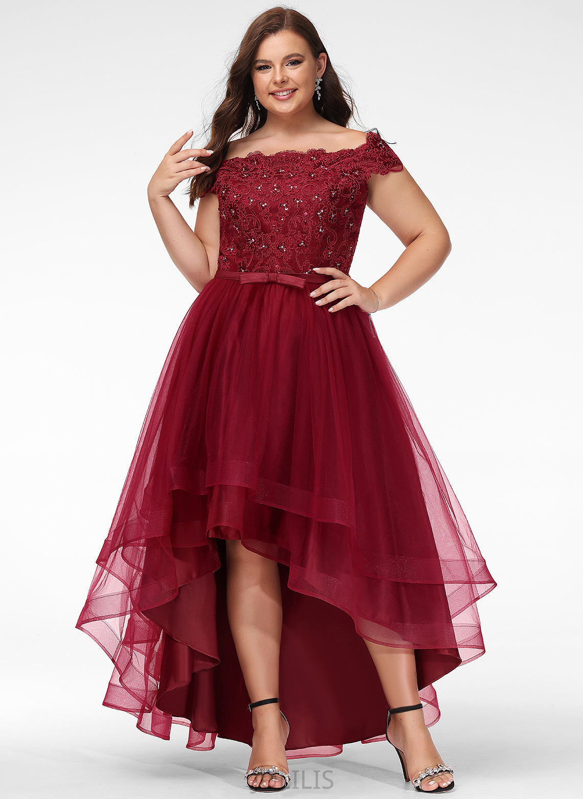 Lace Beading Prom Dresses Tina A-Line Asymmetrical Bow(s) Tulle Sequins With Off-the-Shoulder