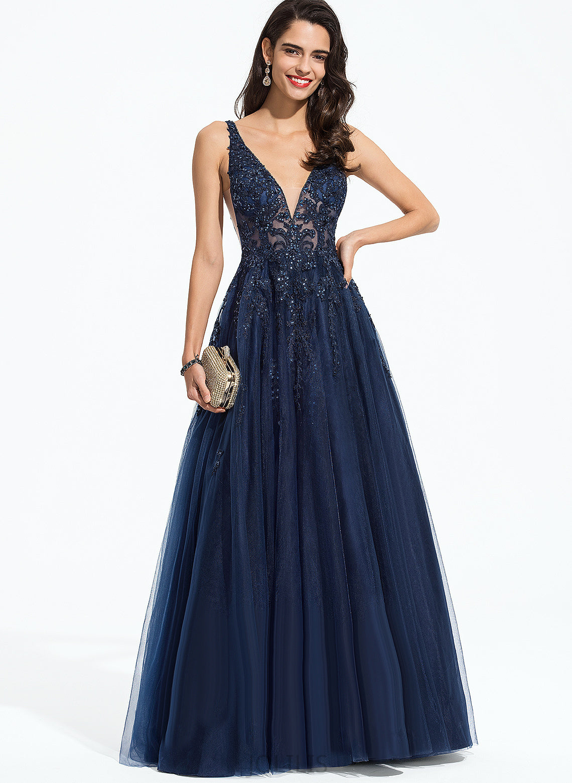 V-neck Sequins With Alison Prom Dresses A-Line Beading Tulle Floor-Length Lace