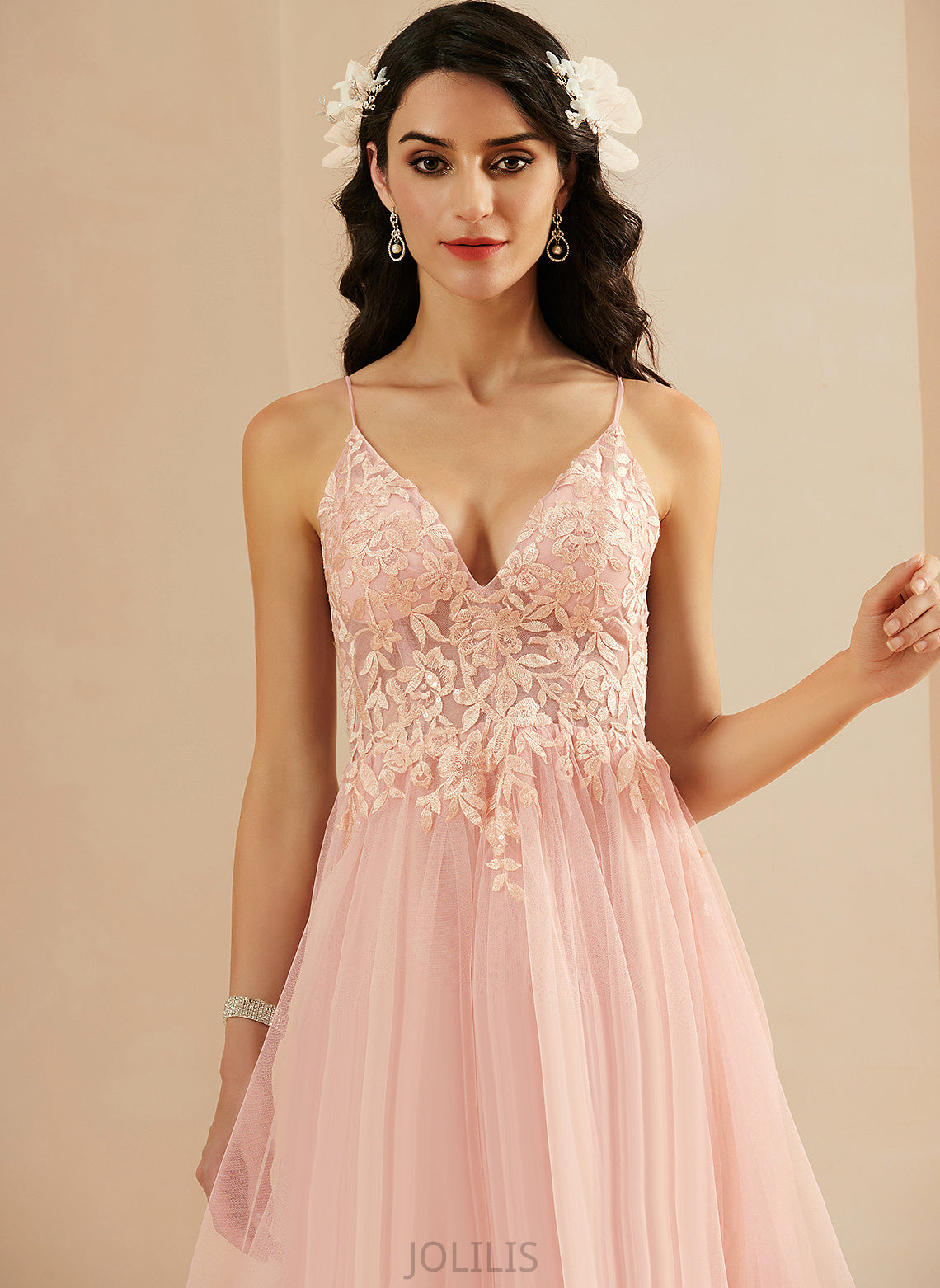 Lace Ball-Gown/Princess Sanaa Tulle V-neck Prom Dresses Asymmetrical