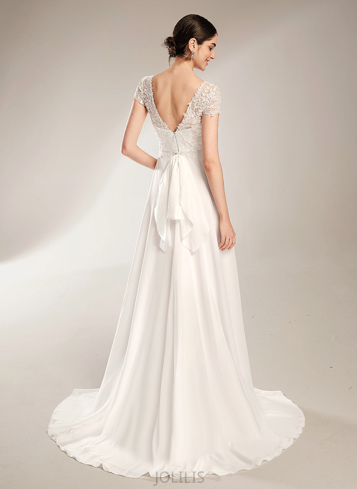 Finley A-Line Train Court V-neck Chiffon With Dress Bow(s) Wedding Wedding Dresses Lace