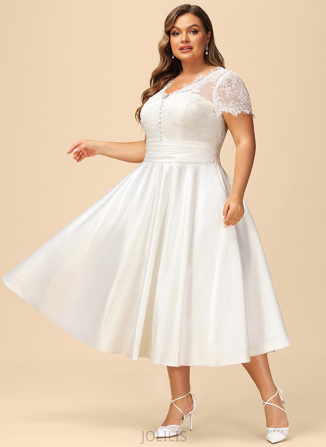 Norma With Wedding Dresses Dress A-Line V-neck Satin Pockets Ruffle Lace Tea-Length Wedding