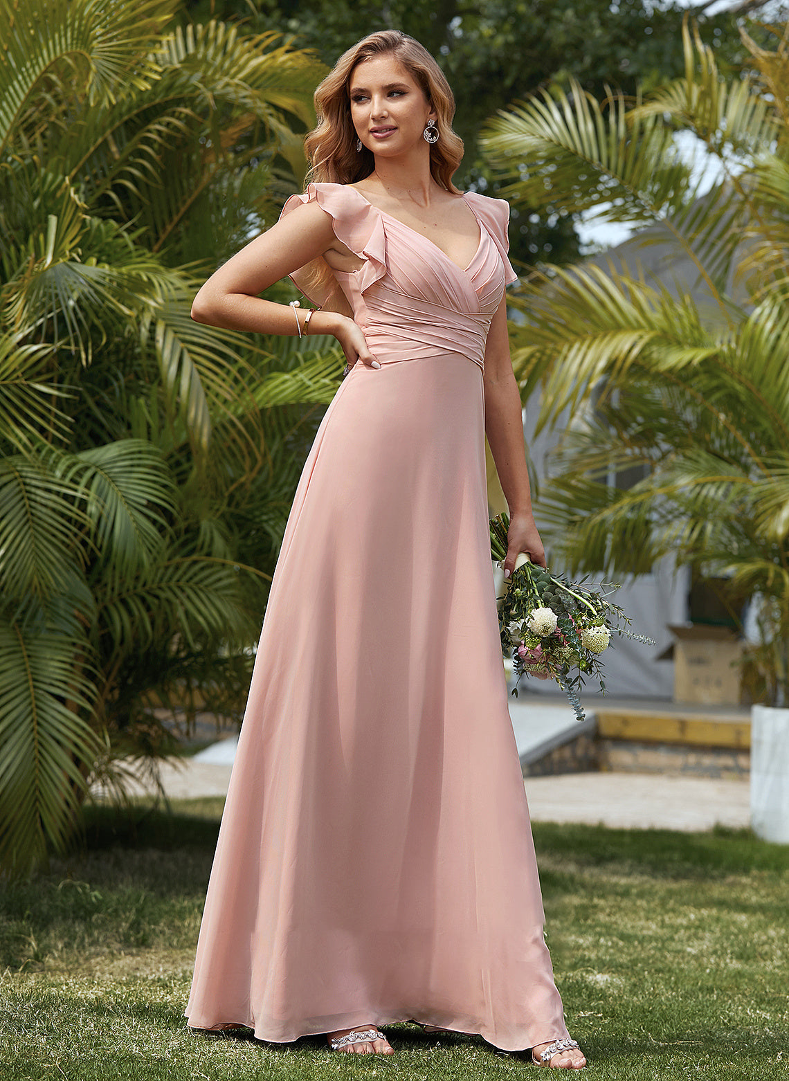 Empire Cascading Ruffles Floor-Length Chiffon V-neck Kathy With Prom Dresses