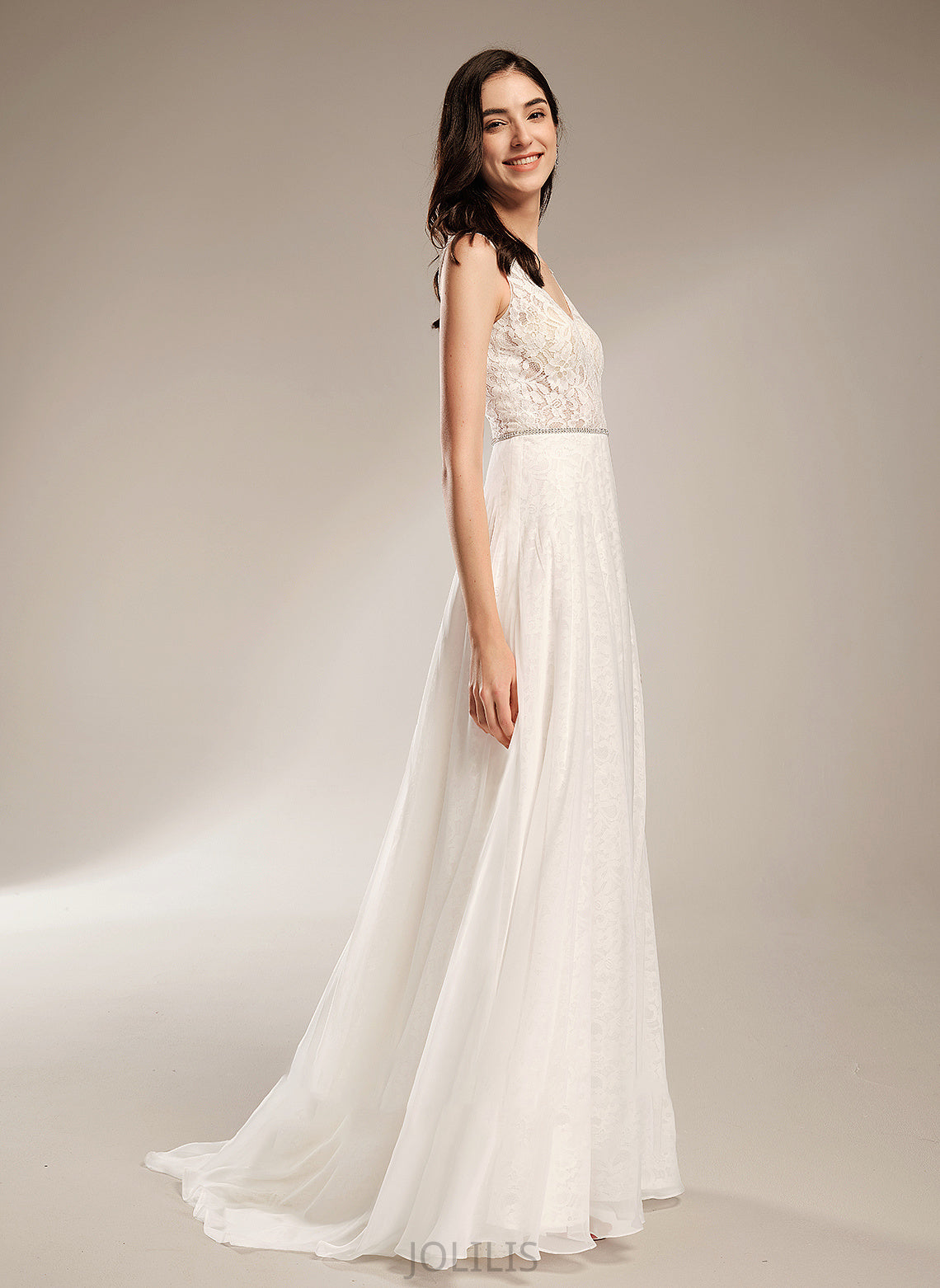 Dress With V-neck Sweep Wedding Wedding Dresses A-Line Beading Train Guadalupe