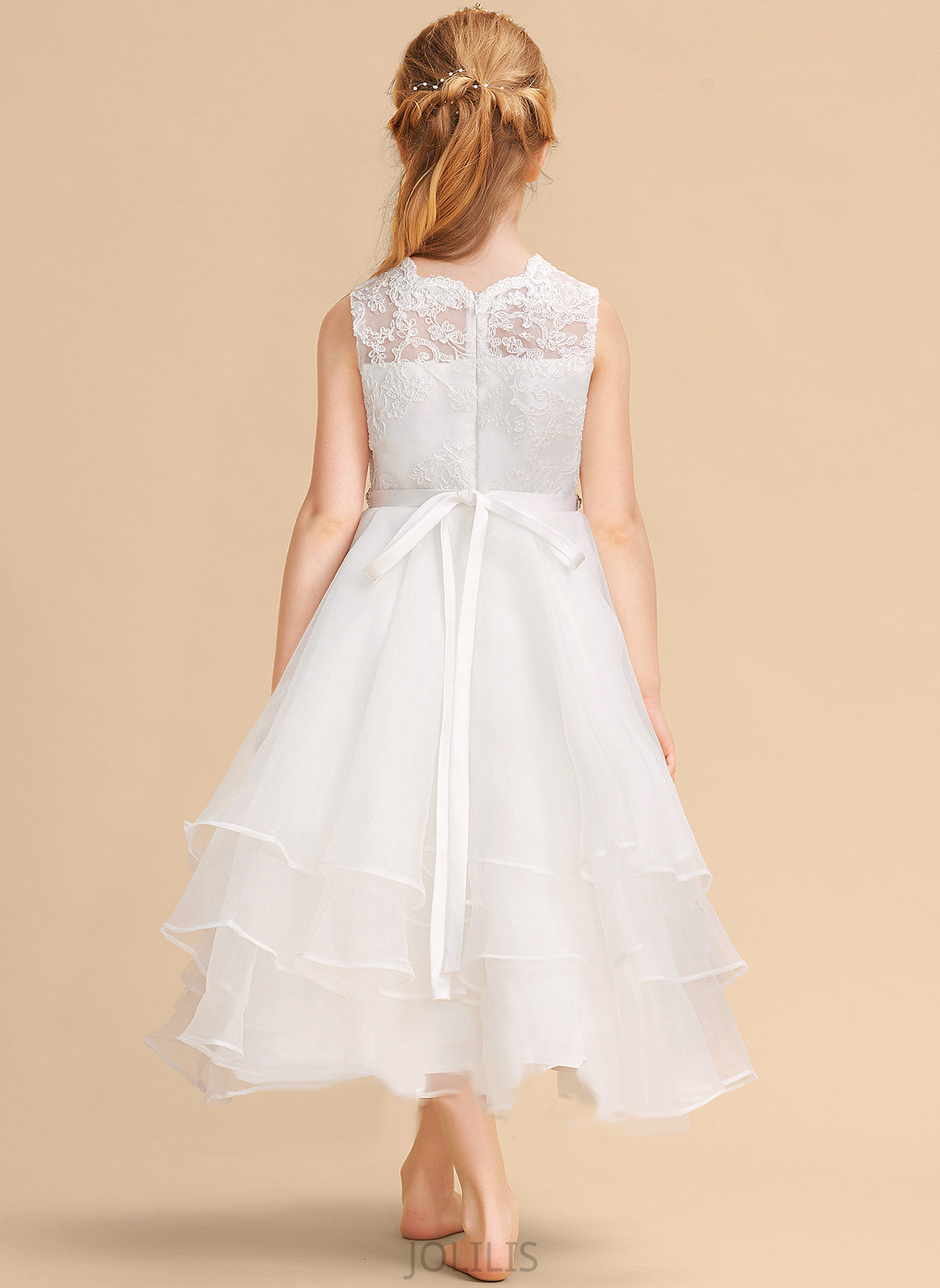 Essence Tea-length Flower Girl Dresses Sleeveless Neck With A-Line - Scoop Dress Flower Organza/Lace Beading/Rhinestone Girl