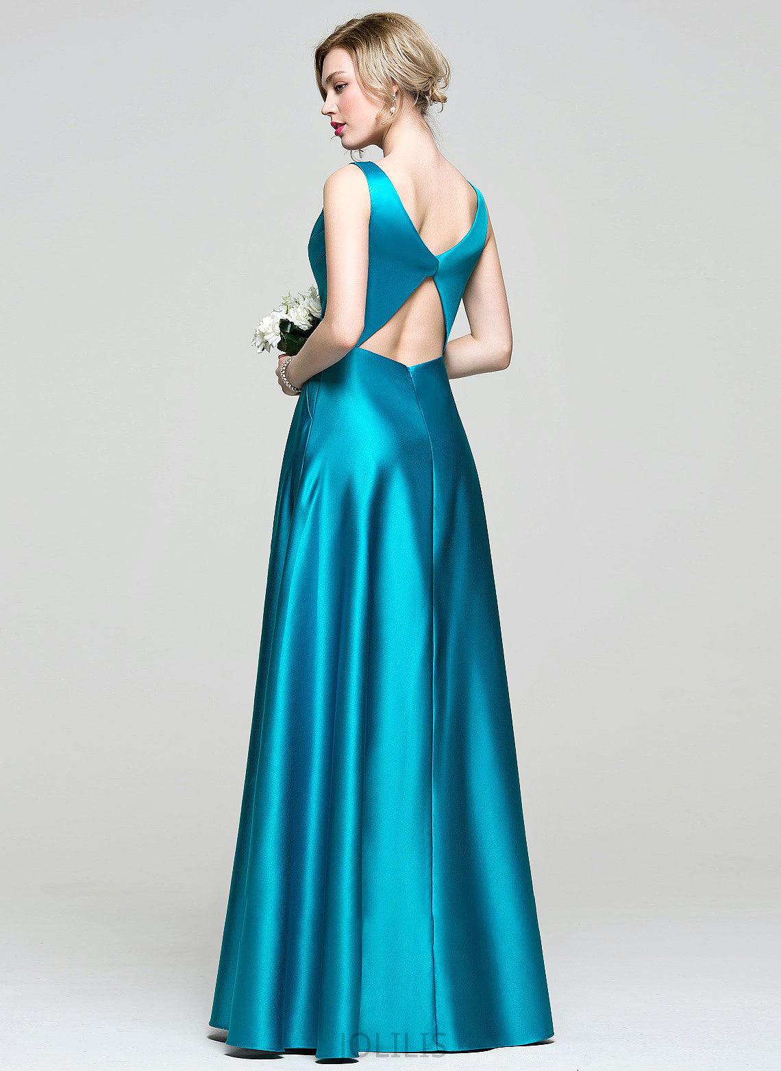 Ball-Gown/Princess V-neck Ruffle Pockets Satin With Floor-Length Neveah Prom Dresses