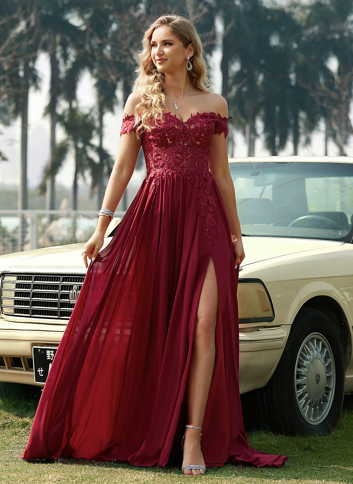 Off-the-Shoulder Train Janet With Sequins Prom Dresses Chiffon A-Line Sweep