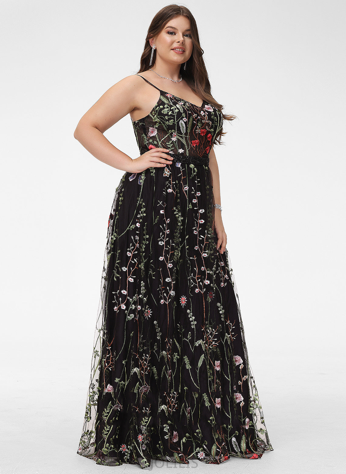 Beading V-neck Floor-Length Lace Prom Dresses With A-Line Makena