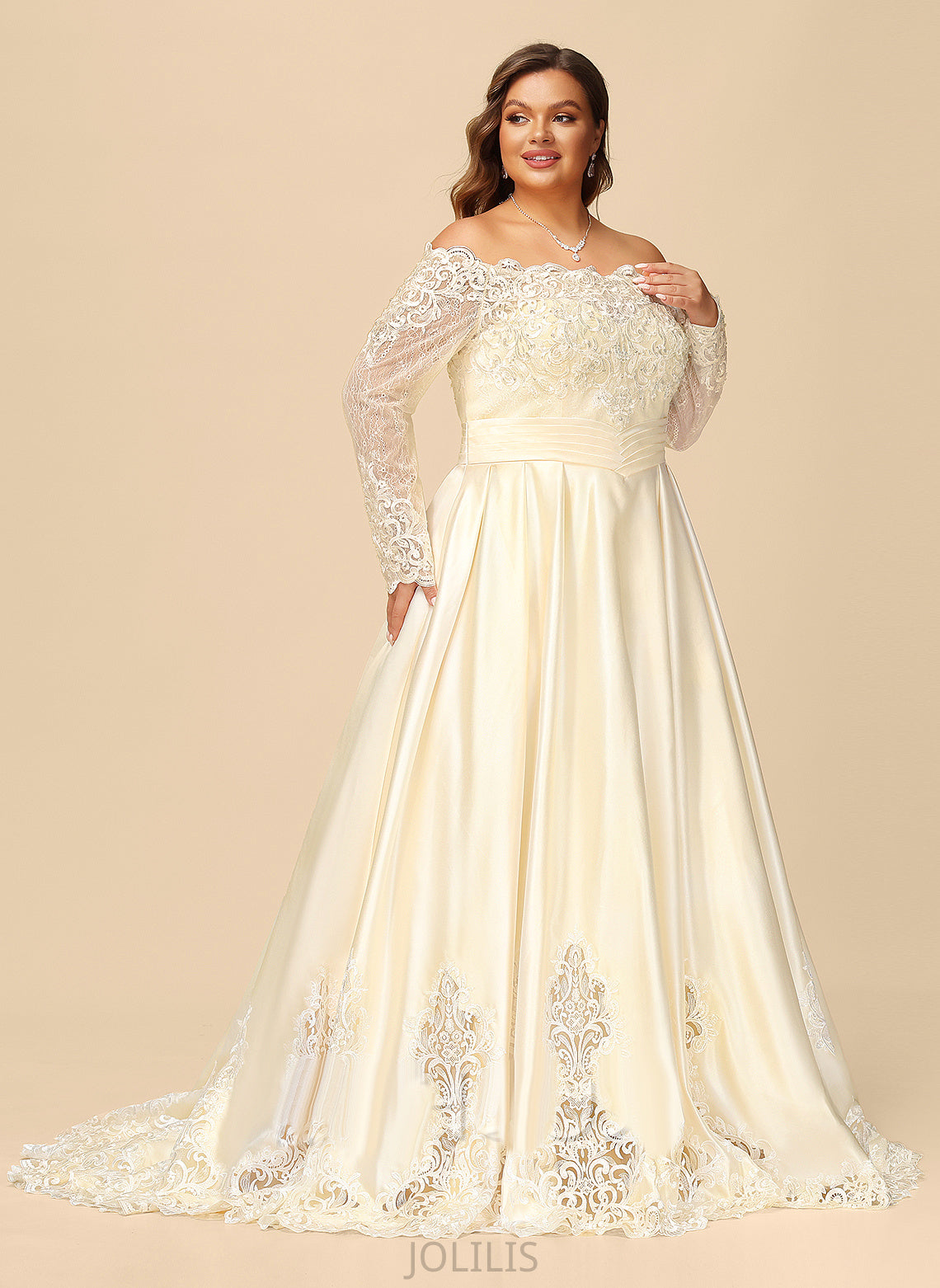 Ball-Gown/Princess Dress Off-the-Shoulder Train Sweep Juliette Lace Sequins Wedding Dresses Satin With Beading Wedding