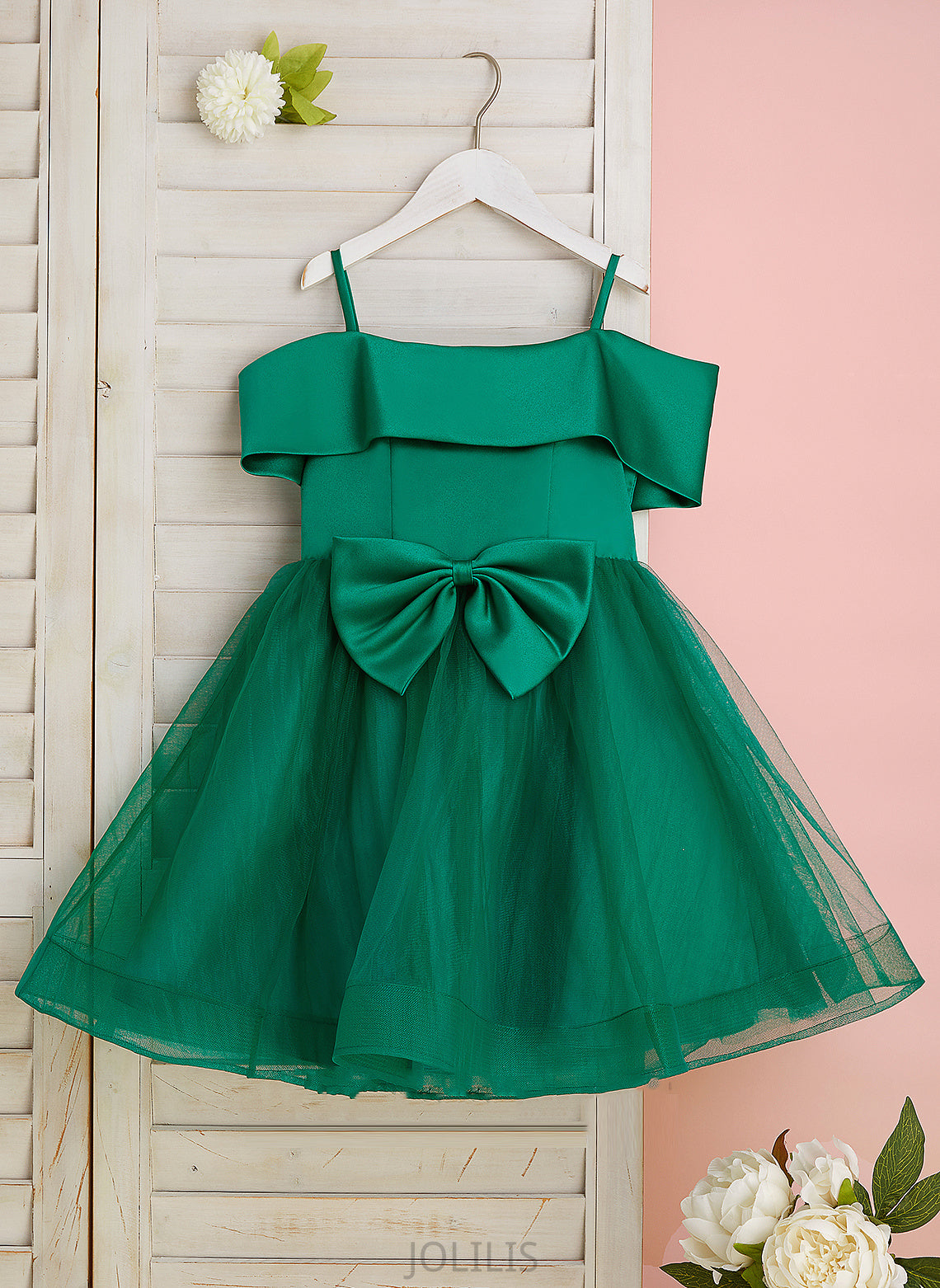 Flower A-Line With - Satin/Tulle Flower Girl Dresses Girl Giuliana Sleeveless Bow(s) Dress Knee-length Off-the-Shoulder