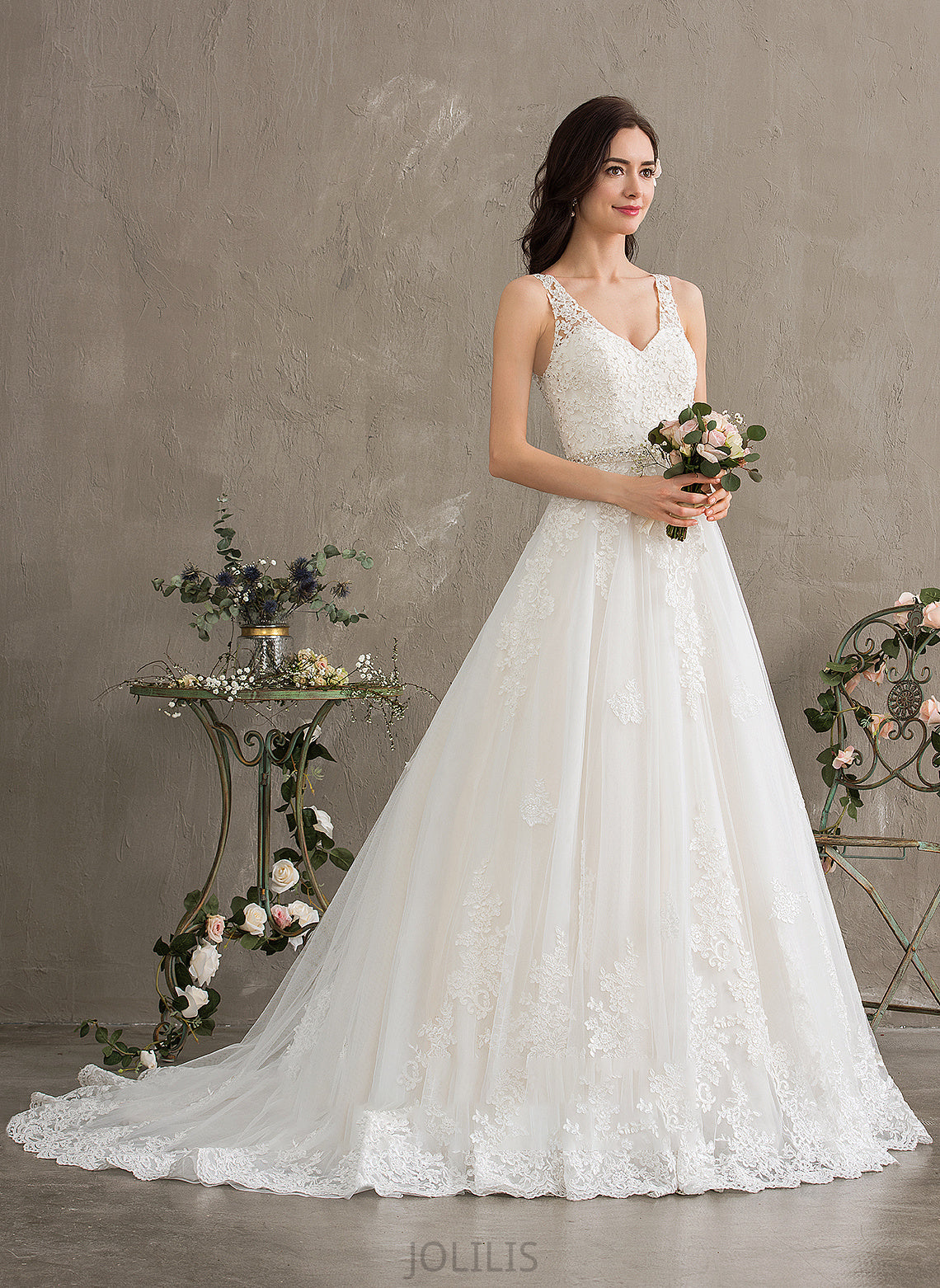 Court Sequins V-neck Amina Dress Wedding Dresses Beading Tulle Wedding With Ball-Gown/Princess Train