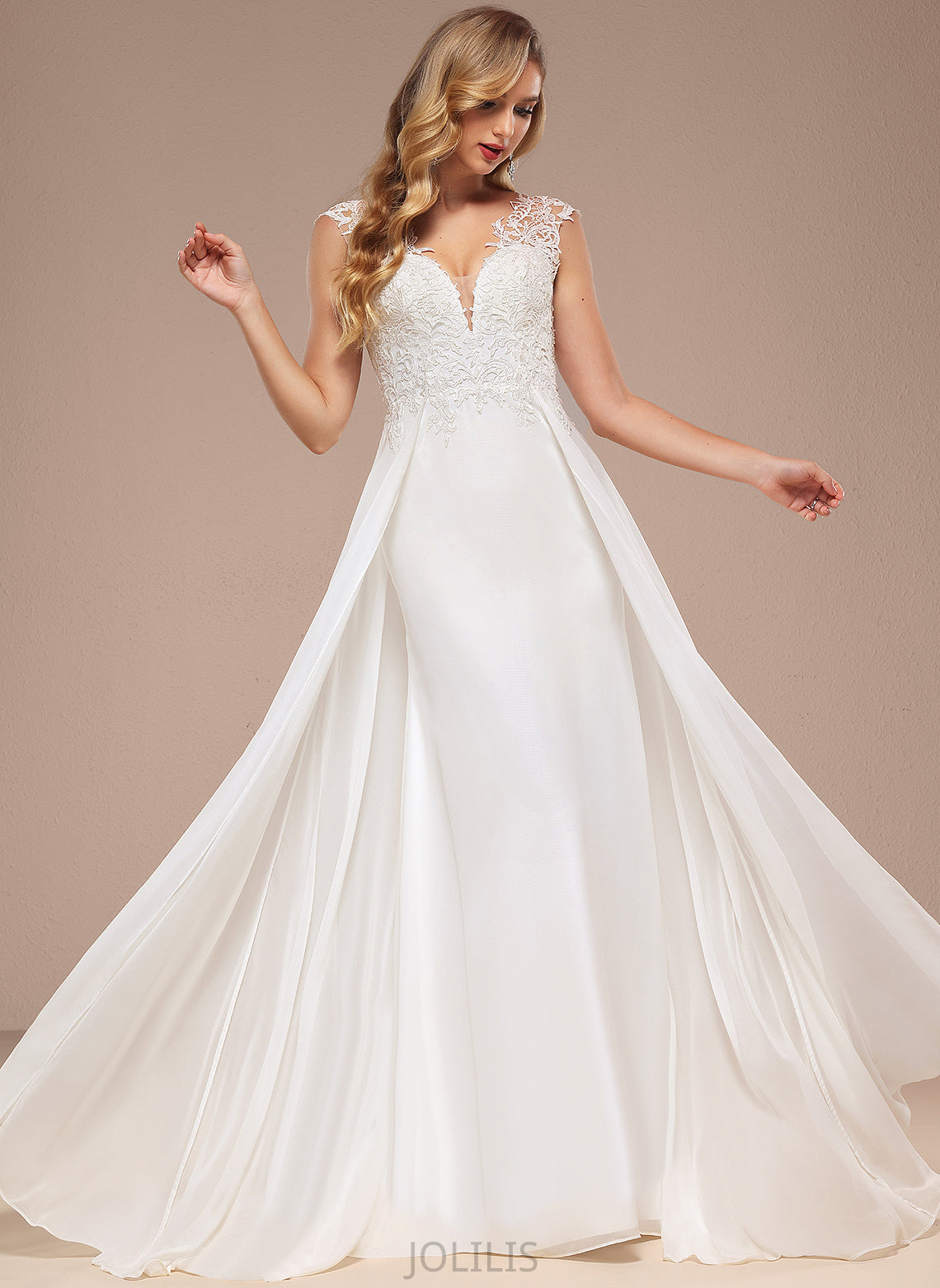 Chiffon Lace Train Wedding A-Line V-neck Tessa Wedding Dresses Sweep Dress