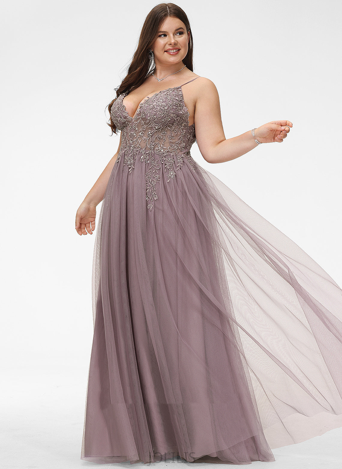 With Alexandra Lace Beading Sequins Prom Dresses Floor-Length V-neck A-Line Tulle