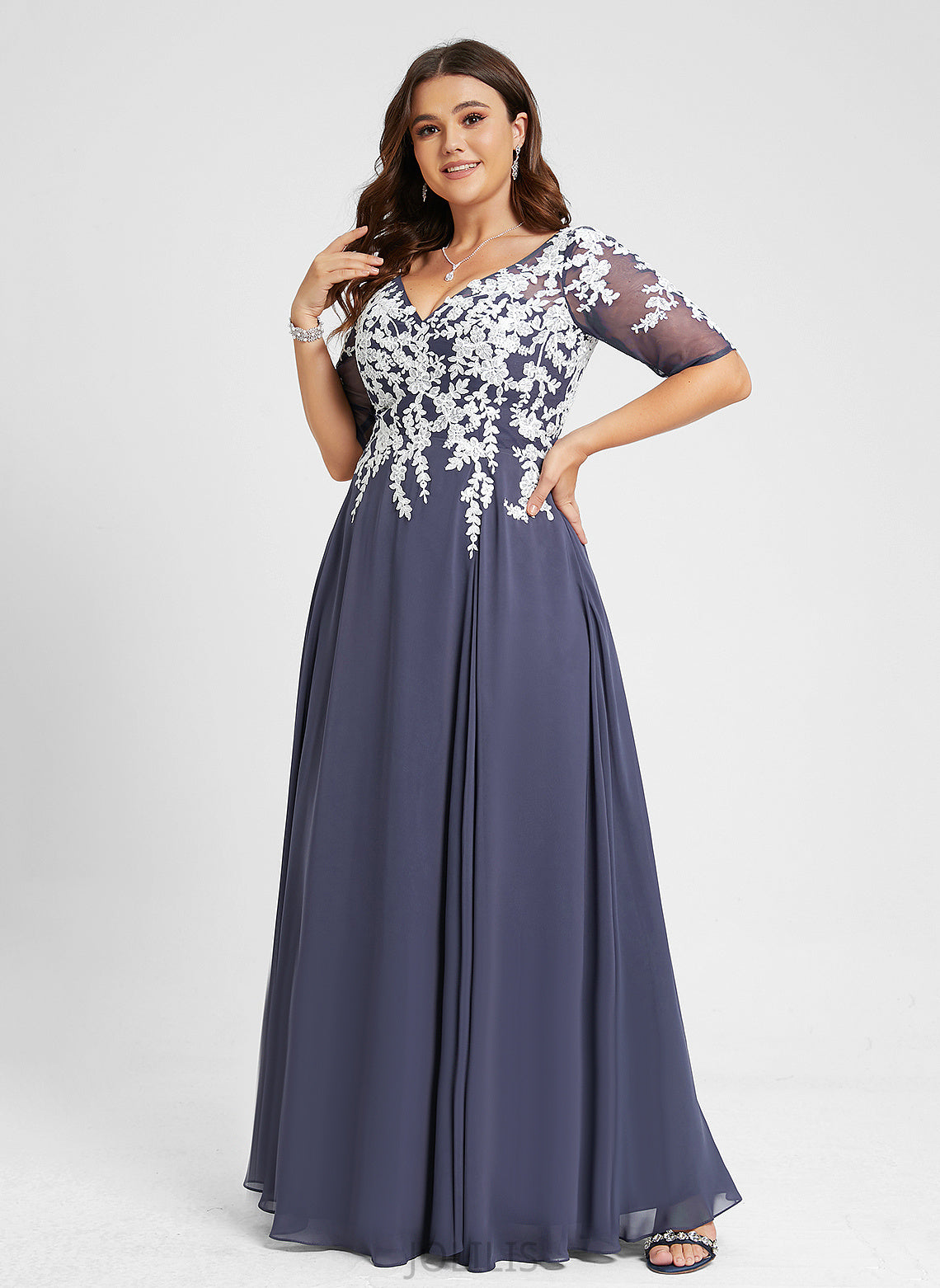 Glenda Chiffon Sequins Prom Dresses Lace With V-neck Floor-Length A-Line