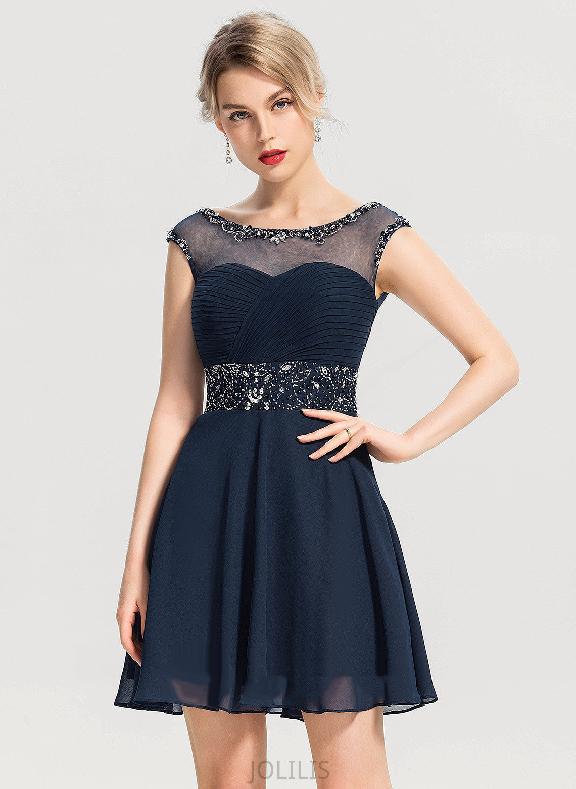 With Dress Beading Homecoming Neck Chiffon Scoop Elvira Sequins A-Line Short/Mini Homecoming Dresses