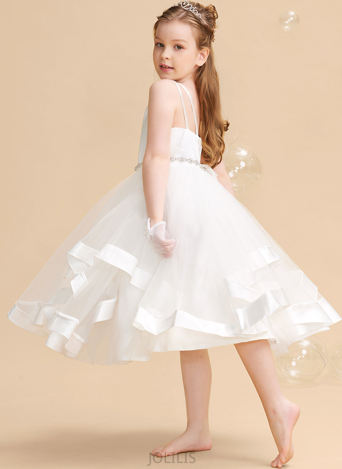 Straps A-Line Girl - Satin/Tulle Beading Flower Dress Tea-length Sleeveless Flower Girl Dresses Emery With