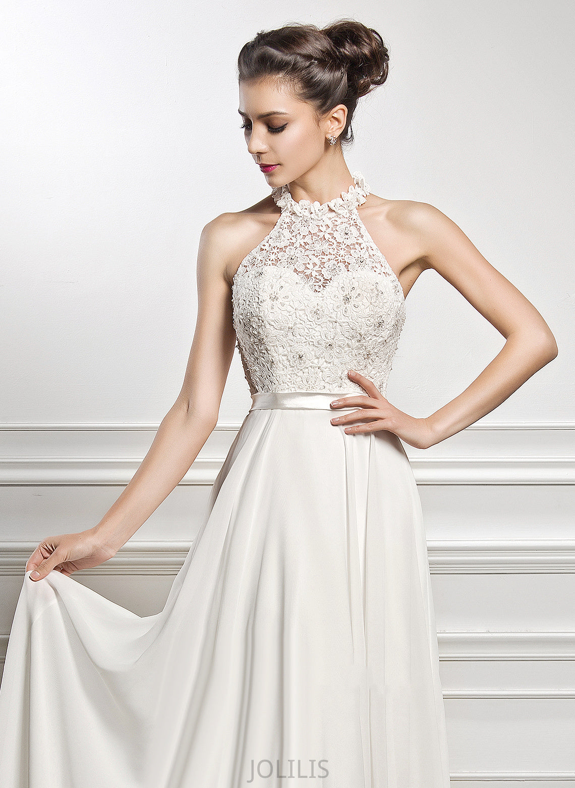 Wedding With Floor-Length A-Line Lace Chiffon Scoop Dress Neck Wedding Dresses Kaitlyn Beading Sequins