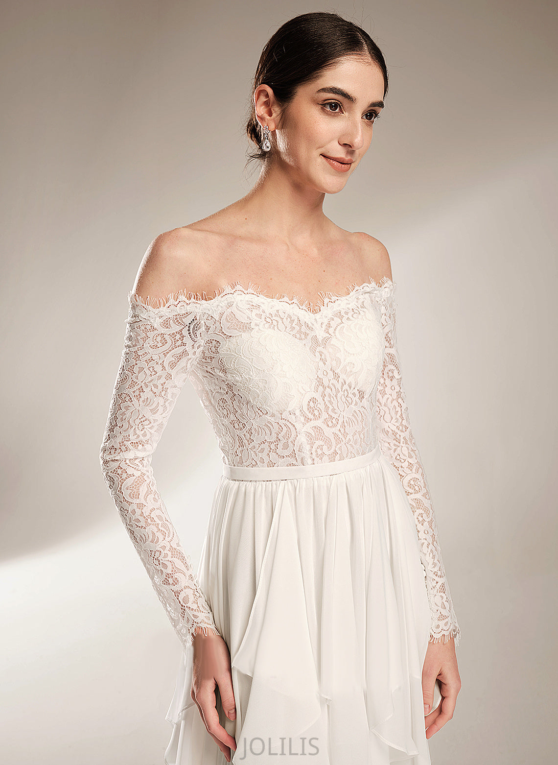 Ruffle Off-the-Shoulder Dress With Lace Izabella Court Train Wedding Dresses Chiffon Wedding A-Line