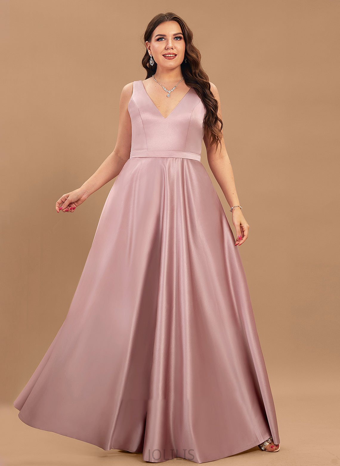 Ball-Gown/Princess Angelica Floor-Length Pockets Prom Dresses Satin With V-neck