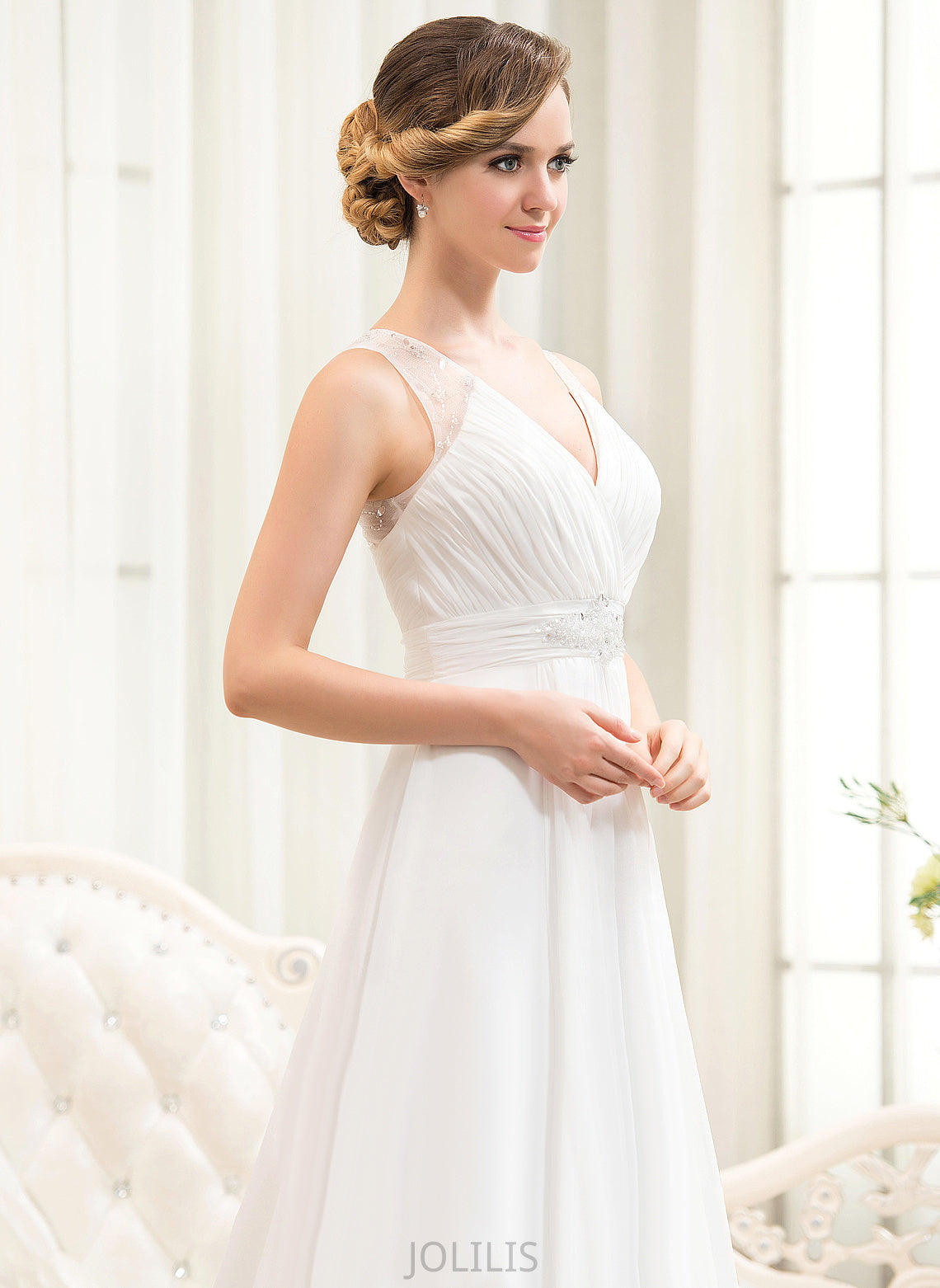 Chiffon Beading Wedding Sweep Cascading Train A-Line Ruffles With Sequins Wedding Dresses Dress V-neck Tulle Macey