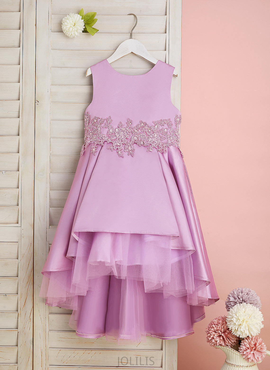 Flower Girl Dresses Sleeveless Flower With Girl Neck Scoop - A-Line Satin/Tulle Dress Lace/Beading/Bow(s) Pam Asymmetrical