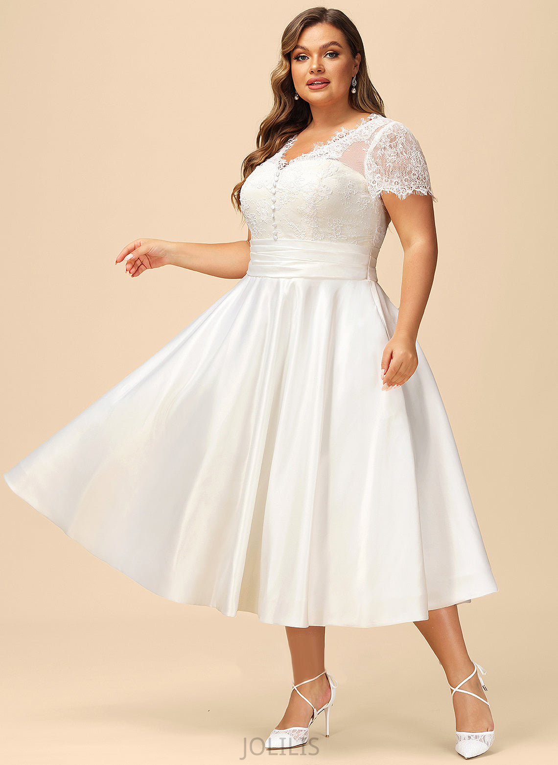 Dress Ruffle Margery A-Line Satin V-neck With Tea-Length Wedding Lace Wedding Dresses