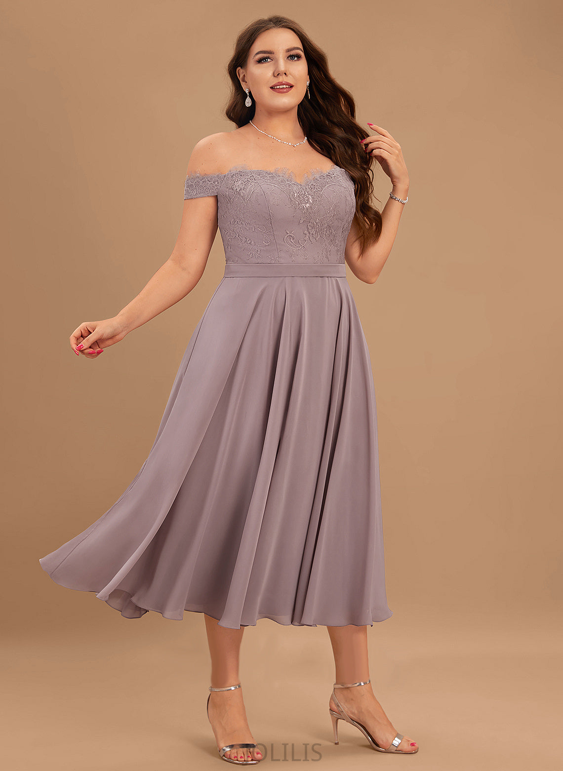 With A-Line Dress Beading Lace Homecoming Dresses Homecoming Off-the-Shoulder Tea-Length Lily Chiffon