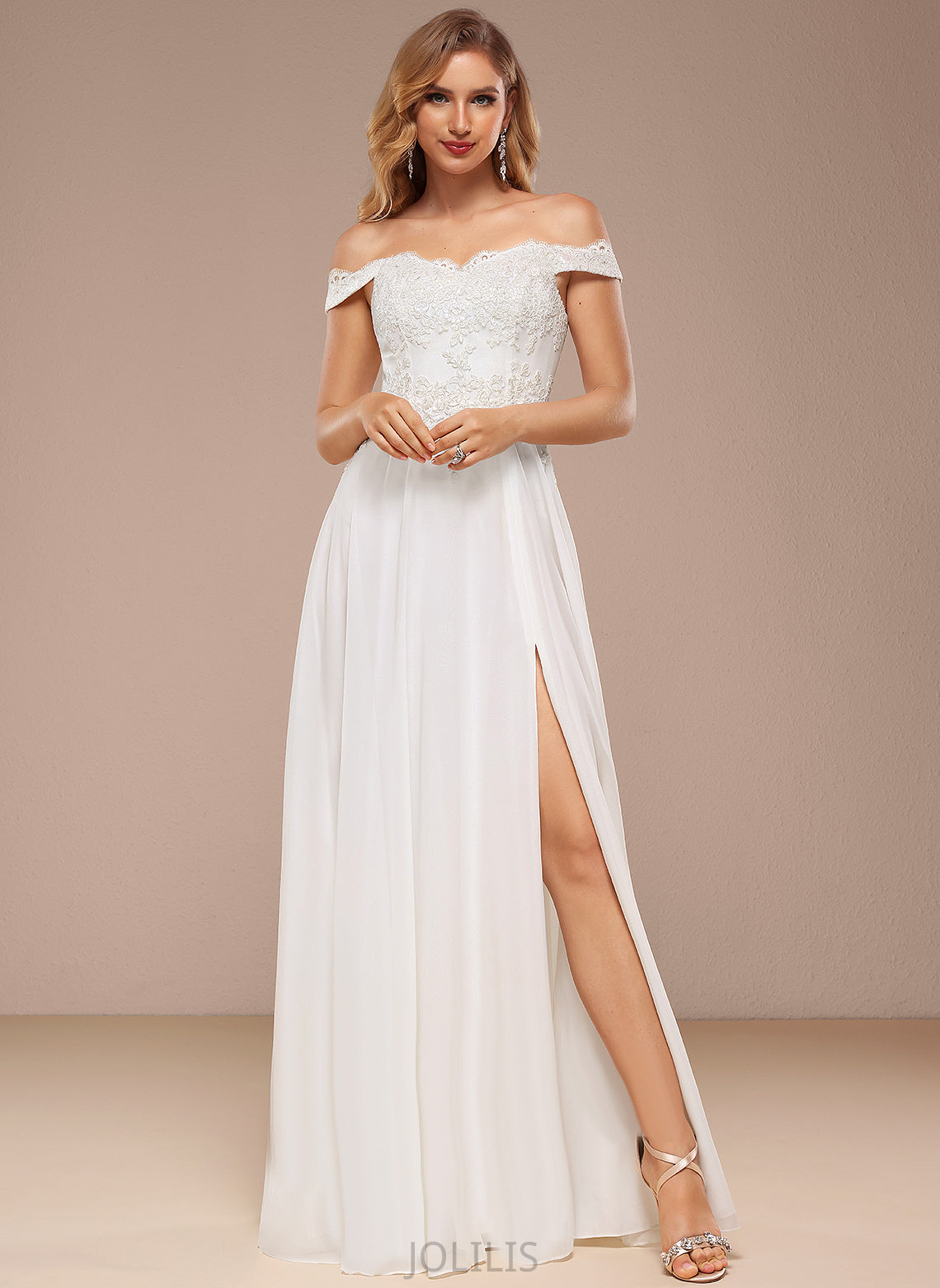 A-Line Dress With Sequins Wedding Dresses Chiffon Lace Kasey Wedding Floor-Length Off-the-Shoulder