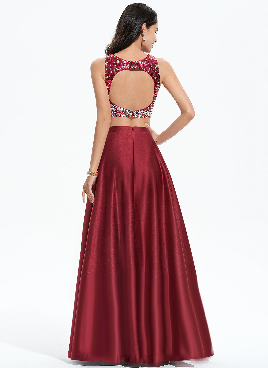 Scoop With Satin Sally Beading Floor-Length Prom Dresses A-Line Sequins