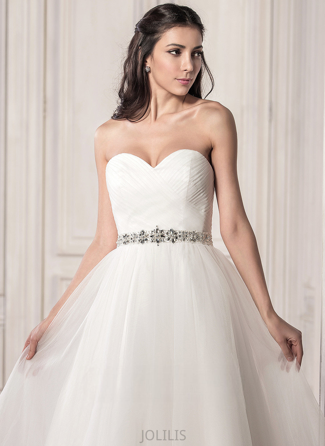 Sweetheart With Tea-Length A-Line Ruffle Wedding Tulle Dress Beading Satin Helga Sequins Wedding Dresses