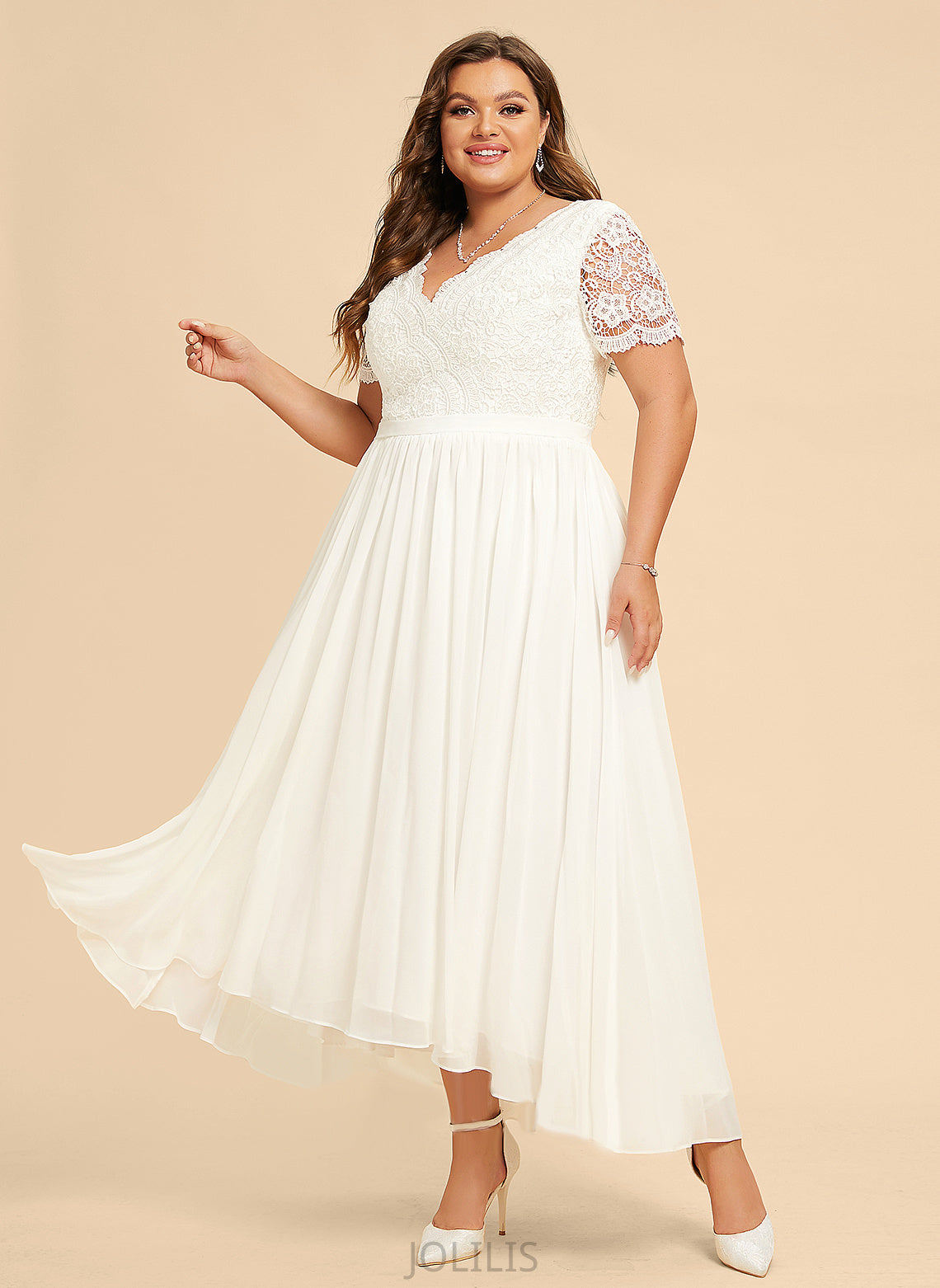 Asymmetrical Dress Wedding A-Line Juliet Wedding Dresses With Chiffon V-neck Lace