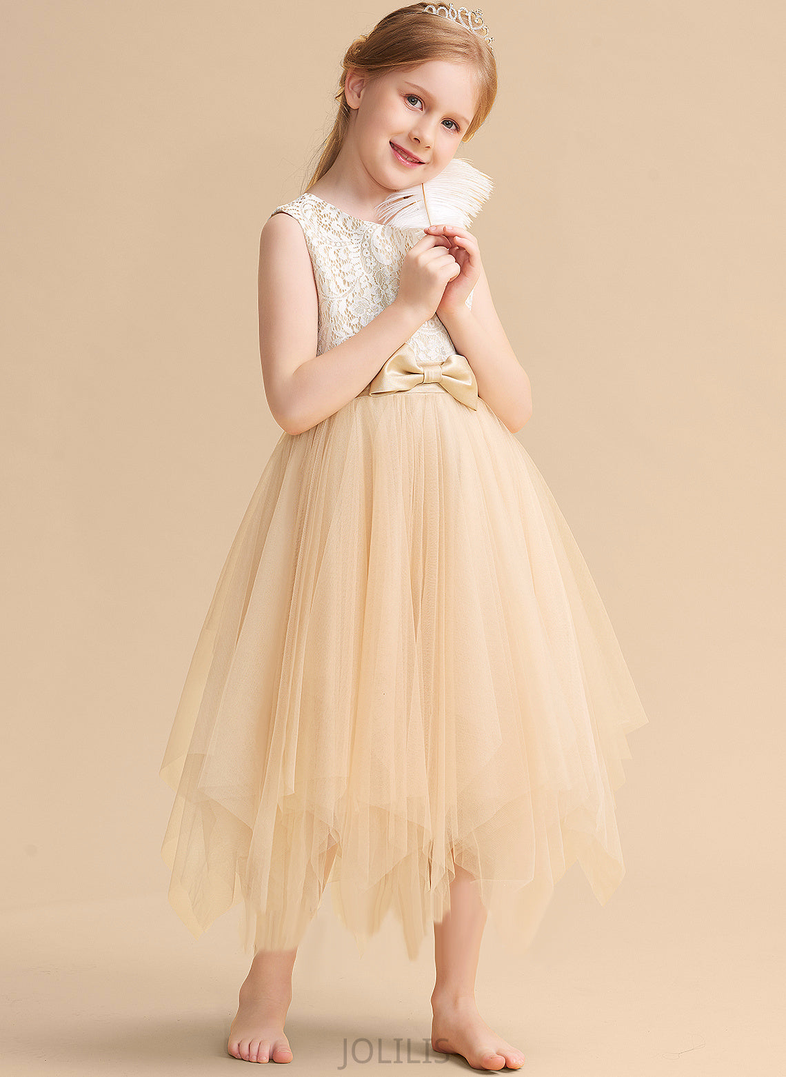 Neck A-Line Scalloped - Lace/Bow(s) With Tea-length Tulle Flower Girl Dresses Lucile Flower Girl Sleeveless Dress