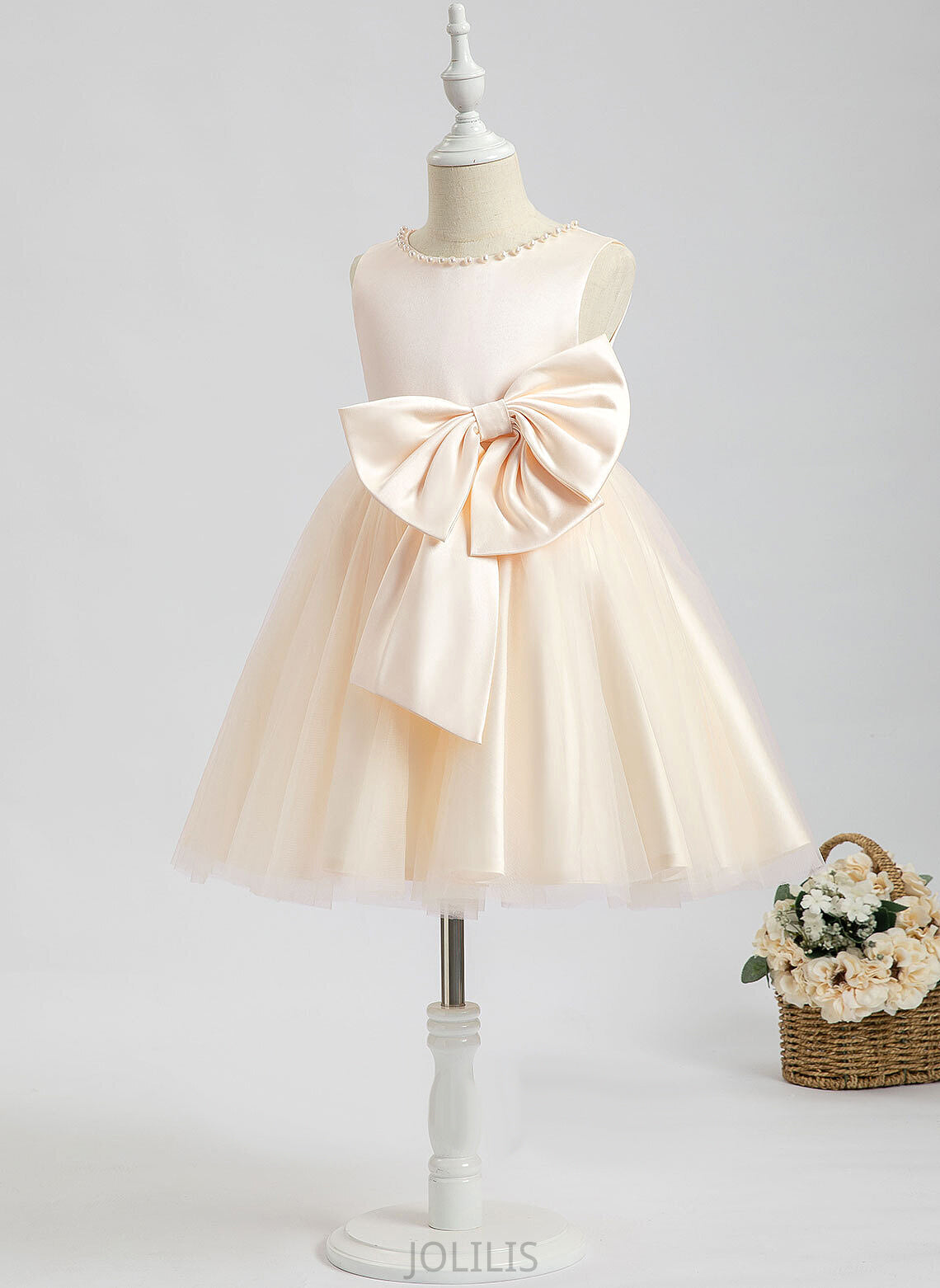 Beading/Bow(s) Girl Neck Sleeveless Knee-length Flower Dress A-Line Kelsie Satin With Flower Girl Dresses - Scalloped