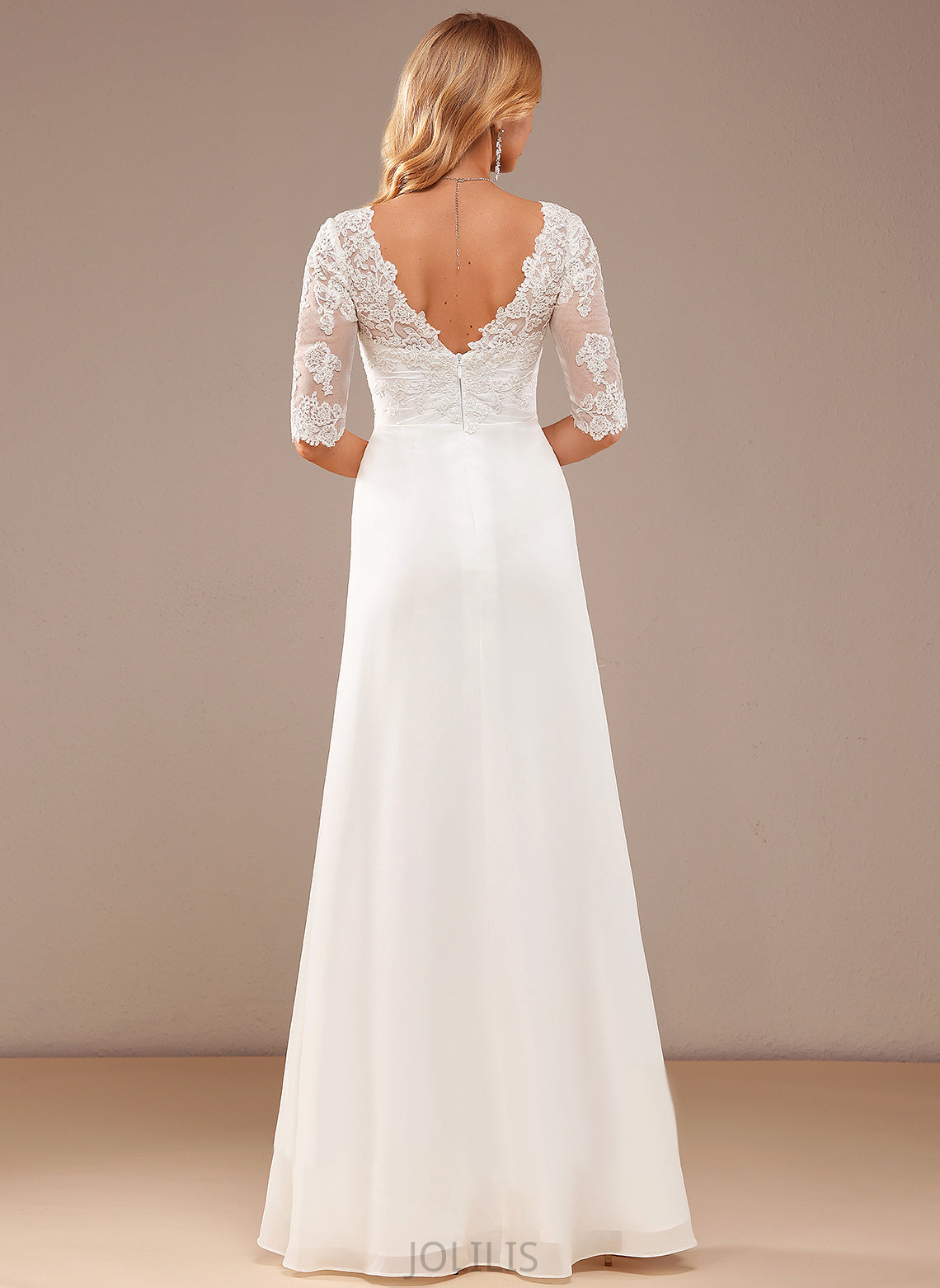 Chiffon Asymmetrical Ruffle Lace With Harper Lace V-neck A-Line Wedding Dresses Wedding Dress