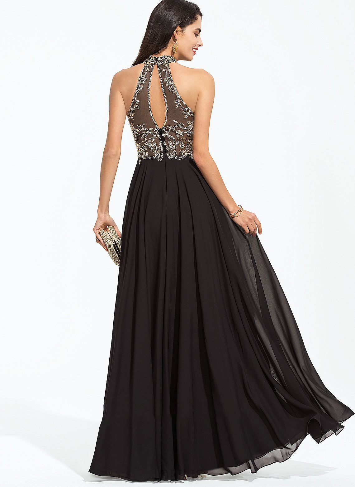 Chiffon With Beading Neck Clarissa A-Line High Floor-Length Prom Dresses Sequins