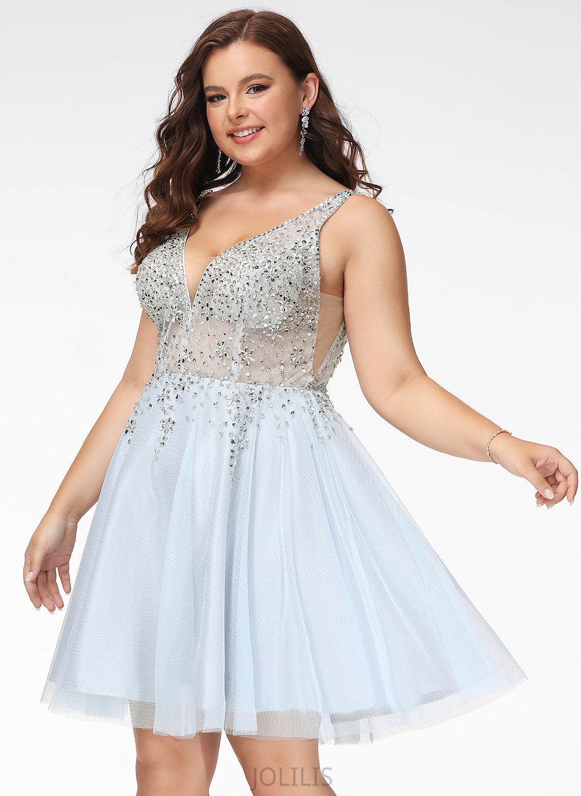 Dahlia Sequins V-neck Tulle Prom Dresses With A-Line Beading Short/Mini