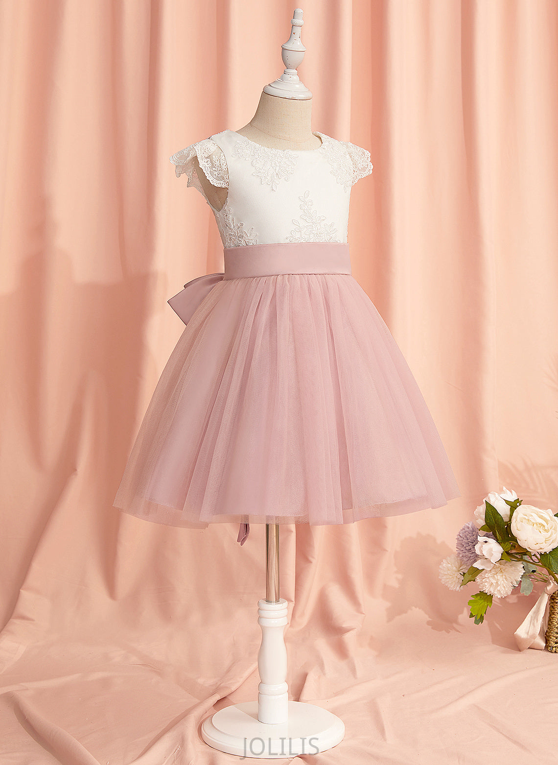 Lace/Bow(s) Scoop With Flower Brynn Neck Short Flower Girl Dresses A-Line Dress - Sleeves Tulle Knee-length Girl