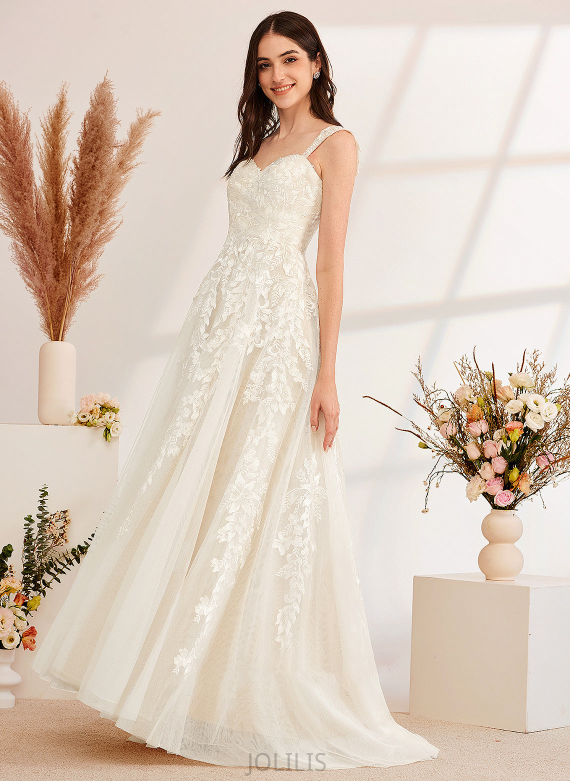 A-Line With Train Sweep Beading Sequins Anna Wedding Off-the-Shoulder Dress Wedding Dresses