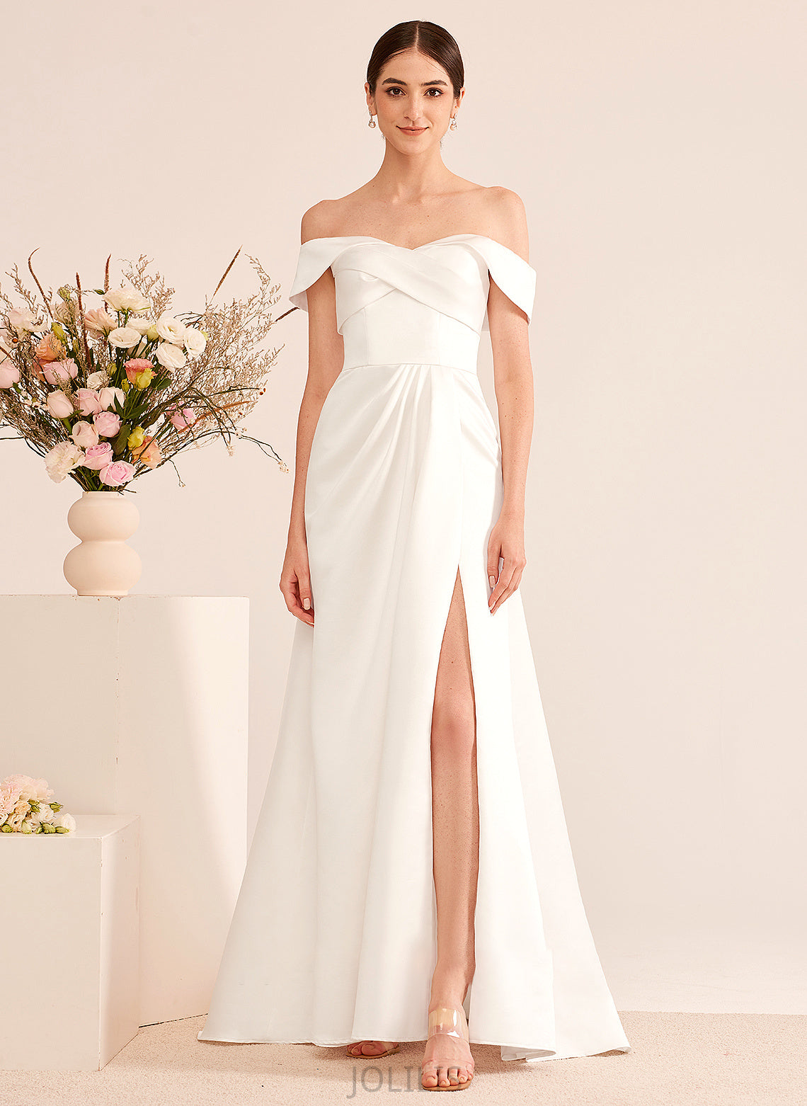 Sweep Ruffle With Wedding Off-the-Shoulder Wedding Dresses Train A-Line Split Jacey Front Dress