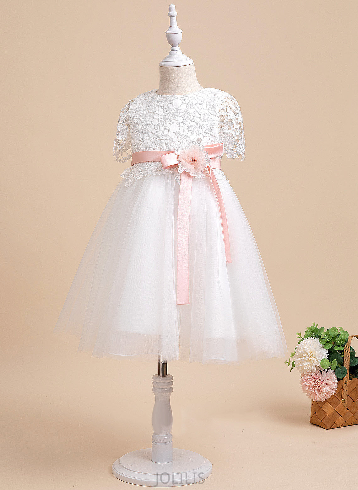 Scoop Karen Sleeves Knee-length Tulle/Lace With Neck Flower Girl Flower Girl Dresses Sash/Flower(s) - A-Line Short Dress