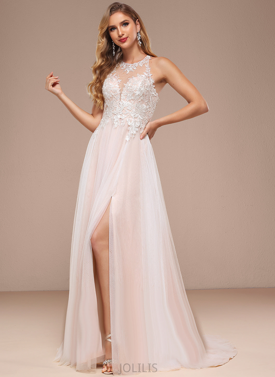 Sweep Lace Dress A-Line Dalia Halter Wedding Dresses With Train Wedding Tulle Beading Sequins