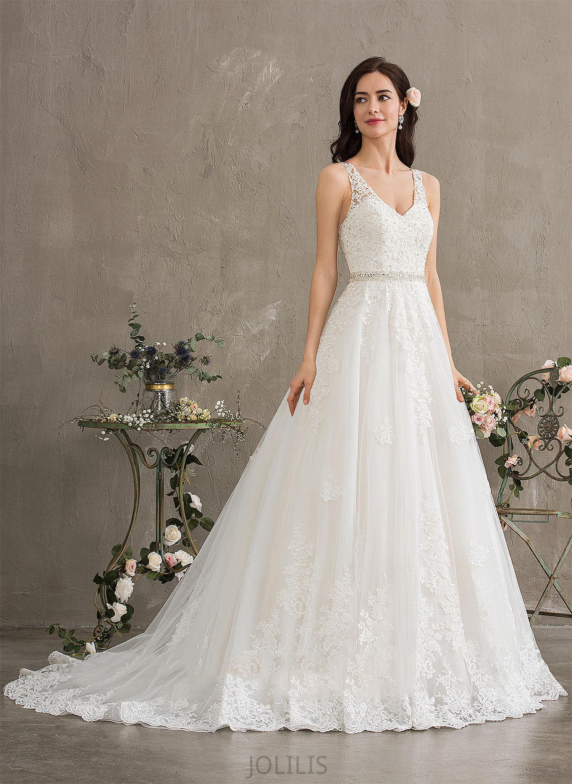 With Wedding Dresses Ball-Gown/Princess Dress Train Sequins Beading Wedding Emmy V-neck Lace Tulle Court