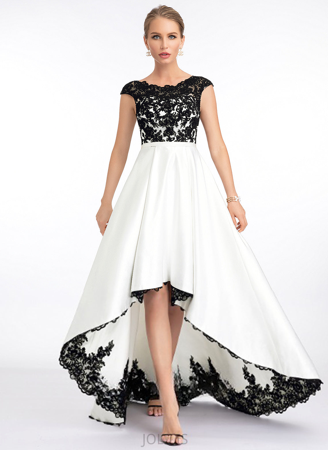 Asymmetrical Scoop Illusion Lace Satin Margery Prom Dresses A-Line